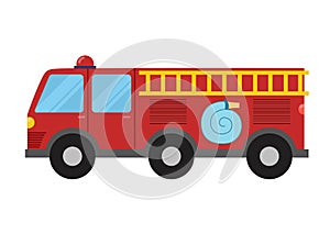 Fire engine in cartoon style for kids. Red rescue truck isolated on white background