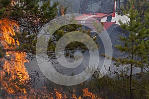 Fire engine behind forest fire flames and smoke