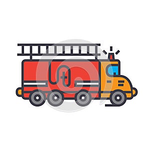 Fire engine, car flat line illustration, concept vector isolated icon