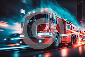 Fire engine driving fast on a road in an emergency. Fire truck with blue lights moving to fire. Generative AI