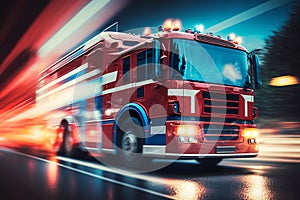 Fire engine driving fast on a road in an emergency. Fire truck with blue lights moving to fire. Generative AI