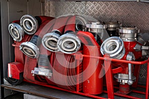 Fire engine equipment from the inside - fire hose hoses ready for use