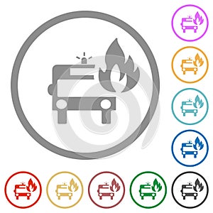 Fire engine with flame flat icons with outlines