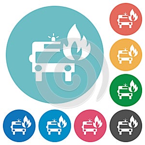 Fire engine with flame flat round icons