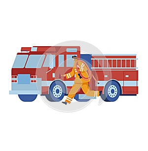 Fire engine, red truck, emergency vehicle, rescue ladder automobile, isolated on white, design, cartoon style vector