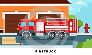 Fire engine truck emergency vehicle in modern vector flat set illustration. Staff and fire trucks in front of station