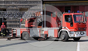 fire engine truck during a fire drill in the fire brigade station
