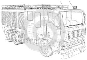 Fire Engine vector. Fire truck Wire-frame line isolated. Vector rendering of 3d