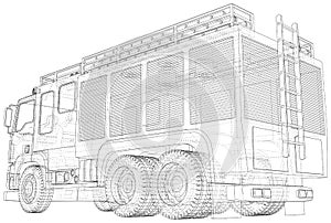 Fire Engine vector. Fire truck Wire-frame line isolated. Vector rendering of 3d