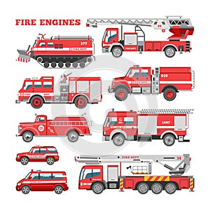 Fire engine vector firefighting emergency vehicle or red firetruck with firehose and ladder illustration set of