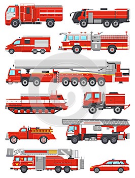 Fire engine vector firefighting emergency vehicle or red firetruck with firehose and ladder illustration set of