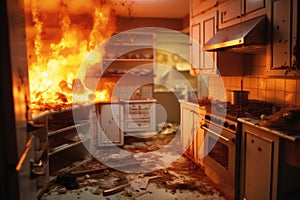 Fire engulfs a kitchen as a blaze rages out of control, Kitchen fire smoke and intense heat photo