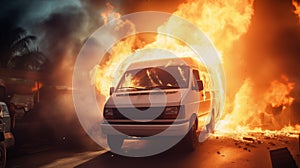 Fire engulfs an old van and an old car graveyard.AI Generated