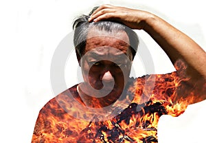 Fire erupts in the body of an angry man isolated on white background