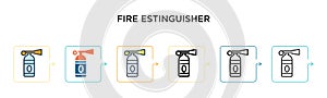 Fire estinguisher sign vector icon in 6 different modern styles. Black, two colored fire estinguisher sign icons designed in