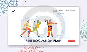 Fire Evacuation Plan Landing Page Template. Hazard at Office Workplace. Fireman with Megaphone Announce Fire Emergency