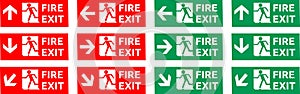 Fire exit with arrow on red and green label, vector