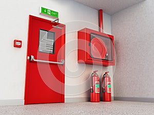 Fire exit door, exit sign, emergency fire button, extinguishers and fire cabinet. 3D illustration