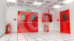 Fire exit door, exit sign, emergency fire button, extinguishers and fire cabinet. 3D illustration