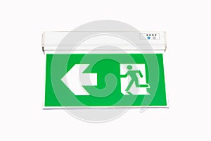 Fire exit green emergency exit sign isolated on white background.