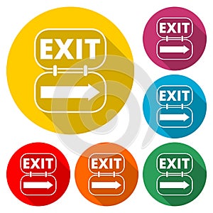 Fire exit sign icon, Emergency exit, color icon with long shadow