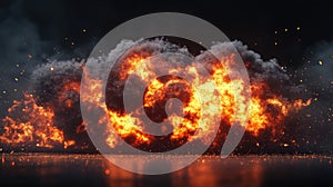Fire explosion on black background. Yellow and orange flame after a blast, fiery background