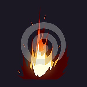 Fire explosion. Flame explode burst. Weapon boom effect with bright flash and blaze sparks. Bomb detonation. Destruction
