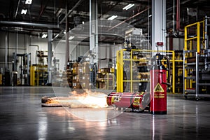 Fire Extinguisher in Action at Industrial Warehouse