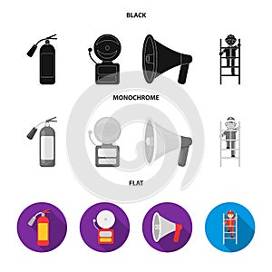 Fire extinguisher, alarm, megaphone, fireman on the stairs. Fire departmentset set collection icons in black, flat