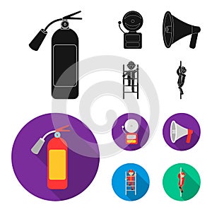 Fire extinguisher, alarm, megaphone, fireman on the stairs. Fire departmentset set collection icons in black, flat style