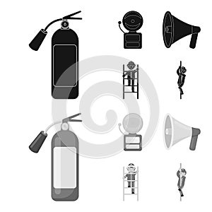 Fire extinguisher, alarm, megaphone, fireman on the stairs. Fire departmentset set collection icons in black,monochrom