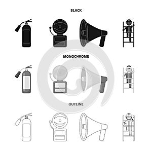 Fire extinguisher, alarm, megaphone, fireman on the stairs. Fire departmentset set collection icons in black,monochrome