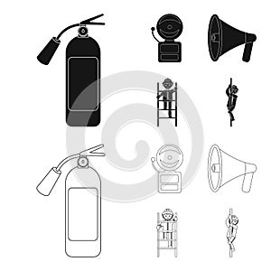 Fire extinguisher, alarm, megaphone, fireman on the stairs. Fire departmentset set collection icons in black,outline