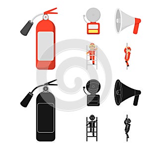 Fire extinguisher, alarm, megaphone, fireman on the stairs. Fire departmentset set collection icons in cartoon,black