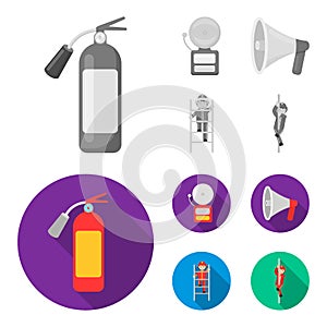 Fire extinguisher, alarm, megaphone, fireman on the stairs. Fire departmentset set collection icons in monochrome,flat