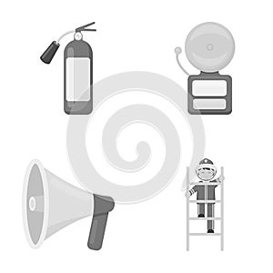 Fire extinguisher, alarm, megaphone, fireman on the stairs. Fire departmentset set collection icons in monochrome style