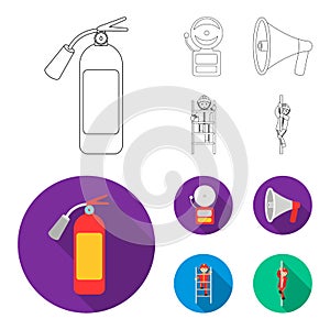 Fire extinguisher, alarm, megaphone, fireman on the stairs. Fire departmentset set collection icons in outline,flat