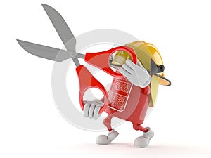 Fire extinguisher character holding scissors