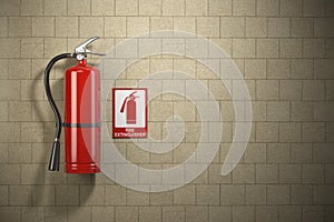 Fire extinguisher with emergency fire sign on the wall background. photo