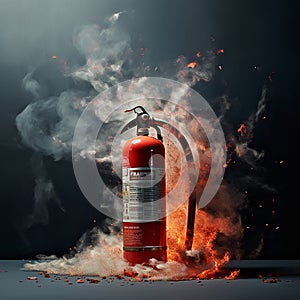 Fire extinguisher in a fire. Generative AI