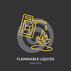 Fire extinguisher flat line sign of flammable liquids fire type. Flame protection thin linear icon, pictogram