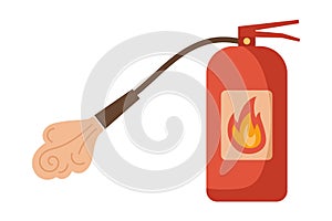 Fire extinguisher with Foam from nozzle. Means of extinguishing fires. Vector hand drawn illustration isolated on white