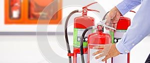 Fire extinguisher has engineer inspection checking handle prepare fire equipment for protection and prevent