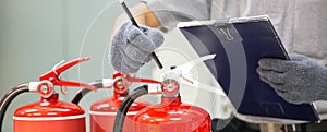 Fire extinguisher has engineer inspection checking prepare fire equipment for protection