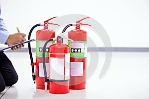 Fire extinguisher has engineer inspection checking prepare fire equipment for protection