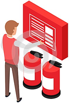 Fire extinguisher icon cartoon style. Male character standing near red board with fire equipment
