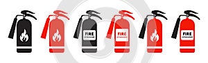 Fire extinguisher icon set, Firefighters tools for flame fighting attention in black and red color, Vector illustration