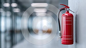 Fire extinguisher mounted on a wall in an office hallway.