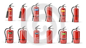 Fire extinguisher set  of different types isolated on white