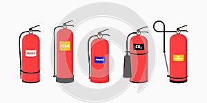 Fire extinguisher set with isolated portable fire-fighting units of different shape on transparent background vector illustration